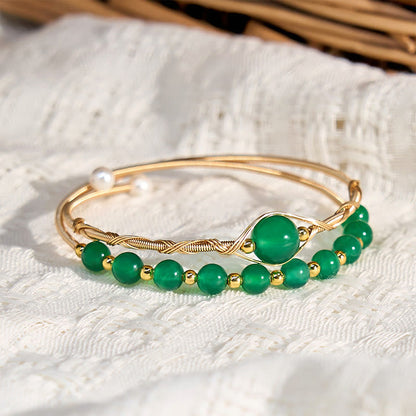 Buddha Stones 14K Gold Filled Copper Natural Green Agate Power Metal Cuff Bracelet Bangle