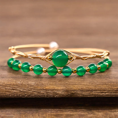 Buddha Stones 14K Gold Filled Copper Natural Green Agate Power Metal Cuff Bracelet Bangle