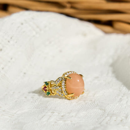 Buddha Stones Vintage Prong Setting Four Leaf Flower Design Peach Moonstone Adjustable Soothing Ring