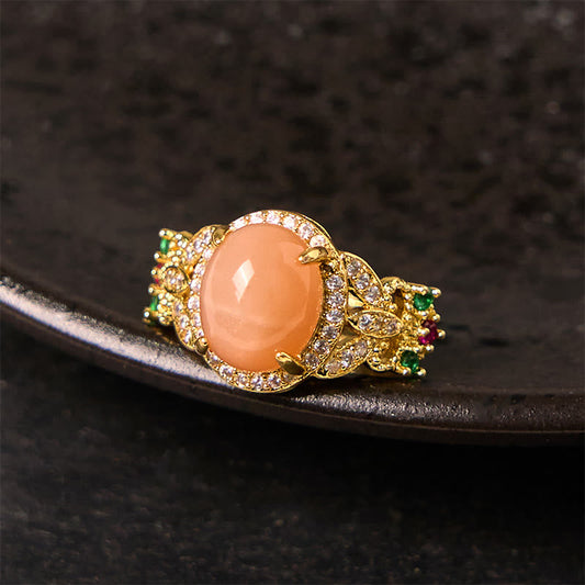 Buddha Stones Vintage Prong Setting Four Leaf Flower Design Peach Moonstone Adjustable Soothing Ring