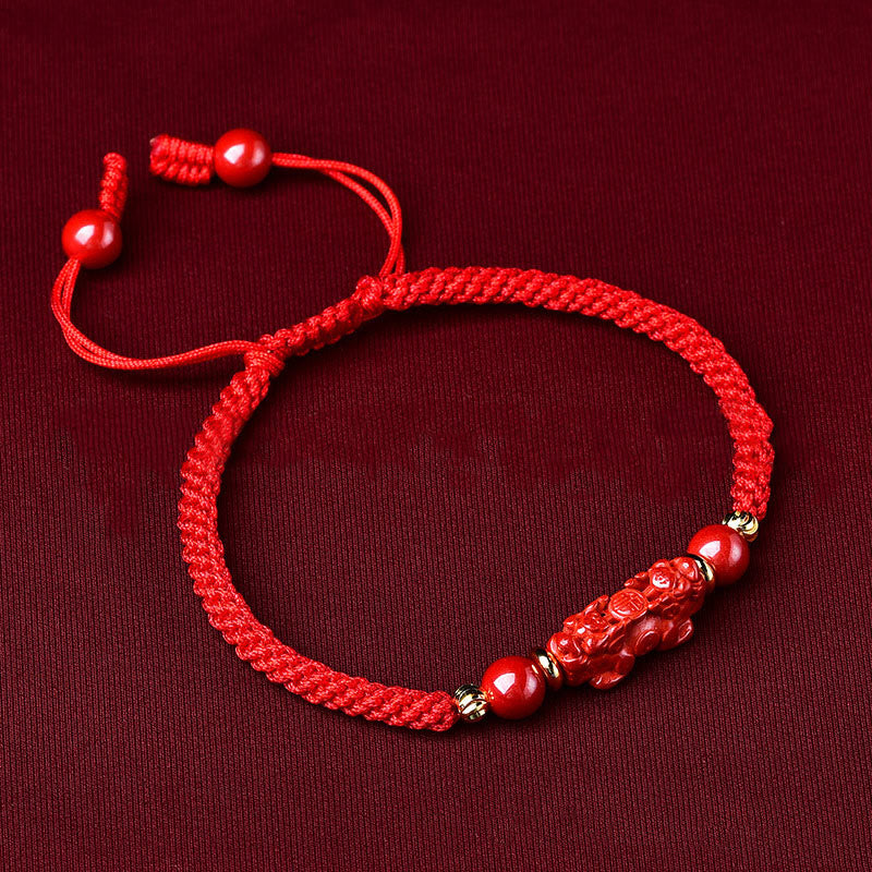 Buddha Stones Handcrafted Pixiu Cinnabar Ruyi Stick Wealth Luck Braided Bracelet