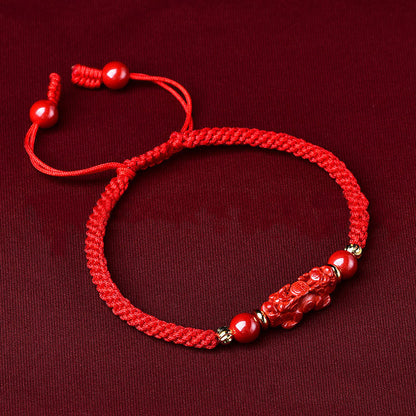 Buddha Stones Handcrafted Pixiu Cinnabar Ruyi Stick Wealth Luck Braided Bracelet