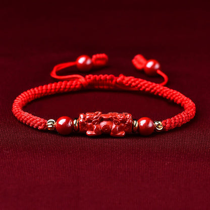 Buddha Stones Handcrafted Pixiu Cinnabar Ruyi Stick Wealth Luck Braided Bracelet