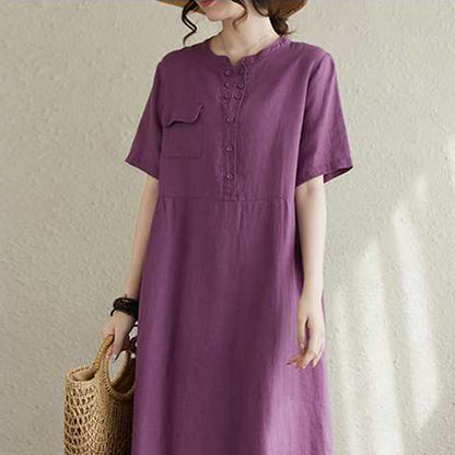 Buddha Stones Stand Collar Buttons Design Linen Short Sleeve Midi Dress With Pockets