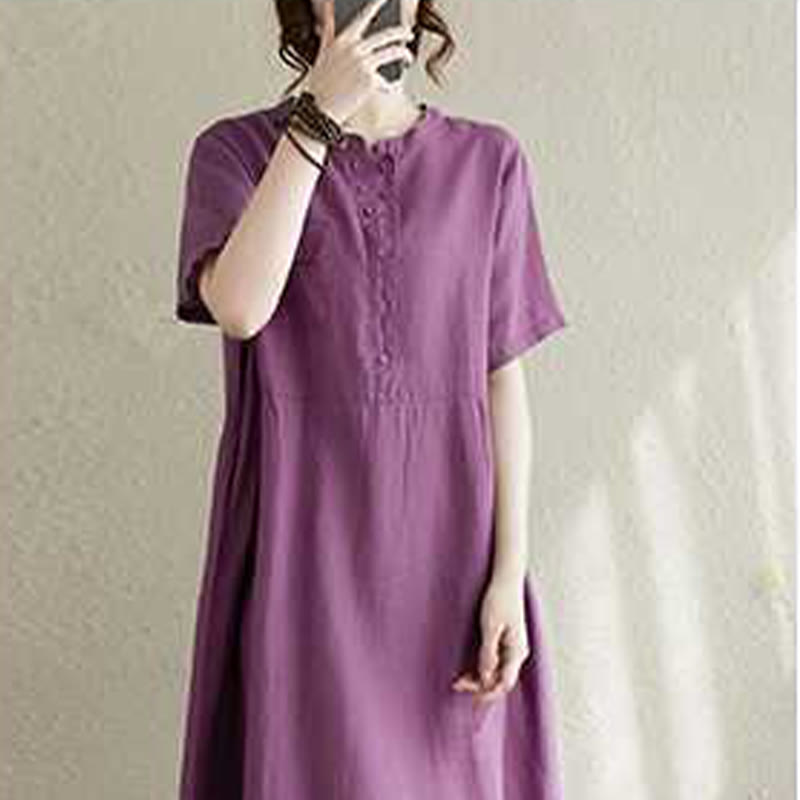 Buddha Stones Stand Collar Buttons Design Linen Short Sleeve Midi Dress With Pockets