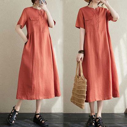 Buddha Stones Stand Collar Buttons Design Linen Short Sleeve Midi Dress With Pockets