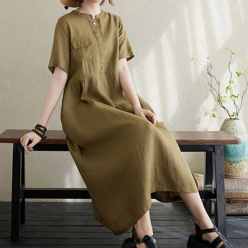 Buddha Stones Stand Collar Buttons Design Linen Short Sleeve Midi Dress With Pockets
