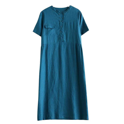 Buddha Stones Stand Collar Buttons Design Linen Short Sleeve Midi Dress With Pockets