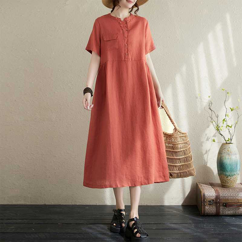 Buddha Stones Stand Collar Buttons Design Linen Short Sleeve Midi Dress With Pockets