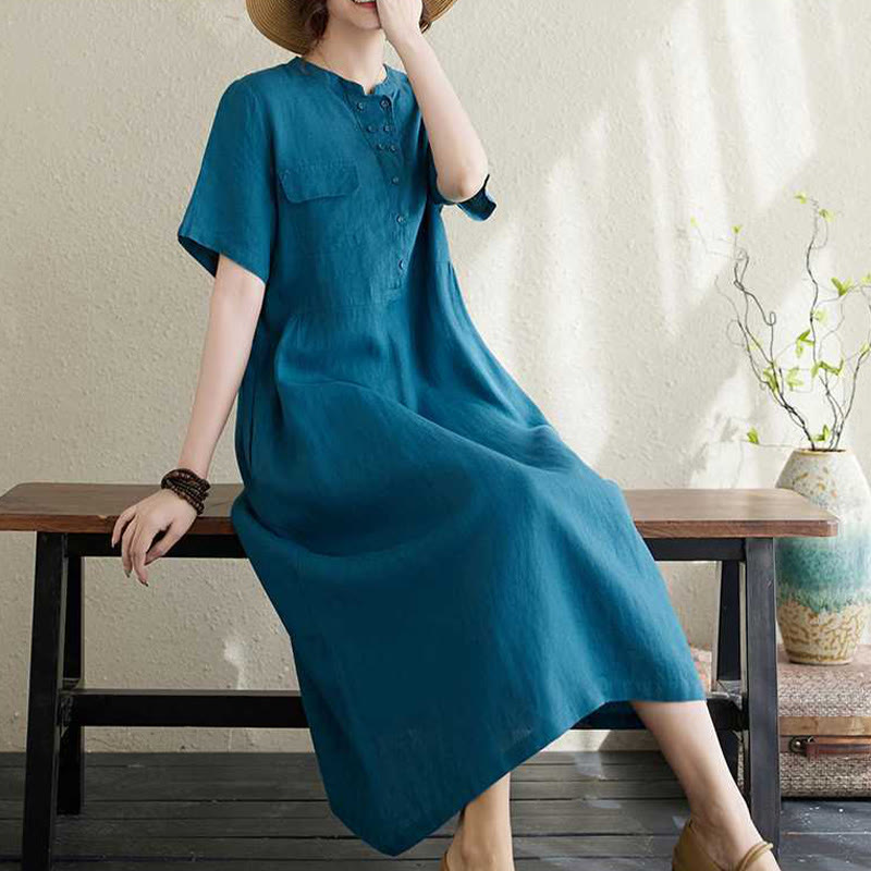Buddha Stones Stand Collar Buttons Design Linen Short Sleeve Midi Dress With Pockets