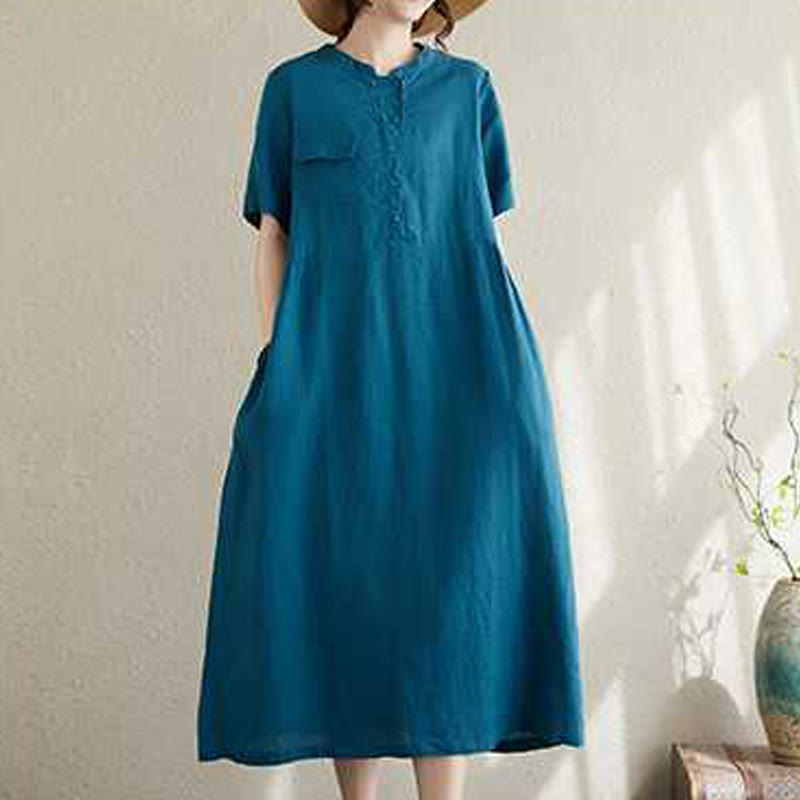 Buddha Stones Stand Collar Buttons Design Linen Short Sleeve Midi Dress With Pockets