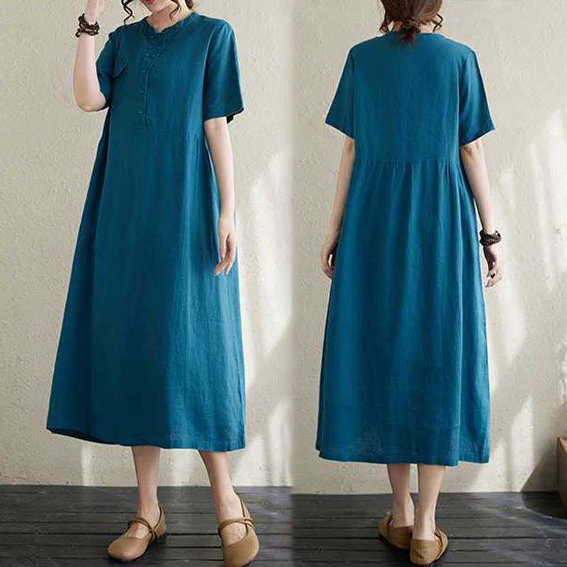 Buddha Stones Stand Collar Buttons Design Linen Short Sleeve Midi Dress With Pockets