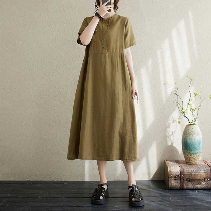 Buddha Stones Stand Collar Buttons Design Linen Short Sleeve Midi Dress With Pockets