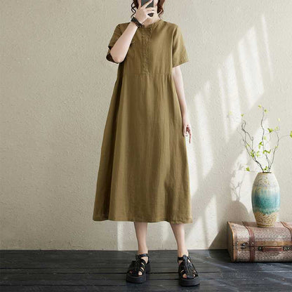 Buddha Stones Stand Collar Buttons Design Linen Short Sleeve Midi Dress With Pockets