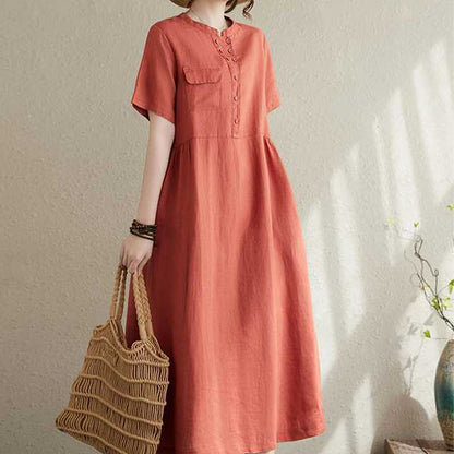 Buddha Stones Stand Collar Buttons Design Linen Short Sleeve Midi Dress With Pockets