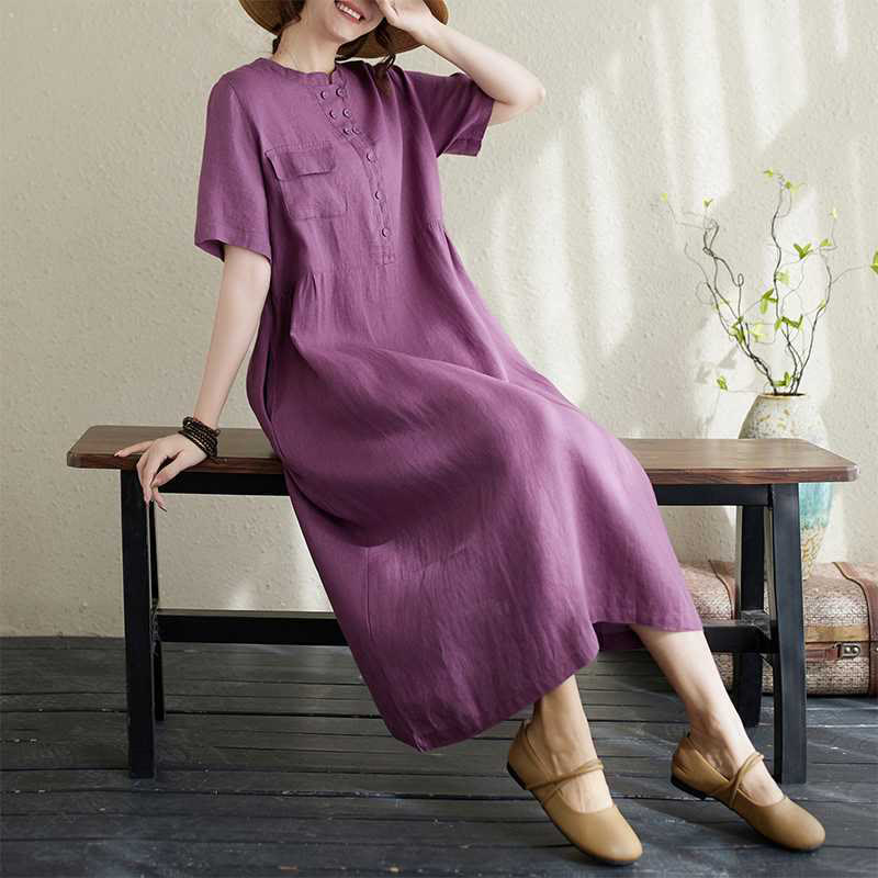 Buddha Stones Stand Collar Buttons Design Linen Short Sleeve Midi Dress With Pockets