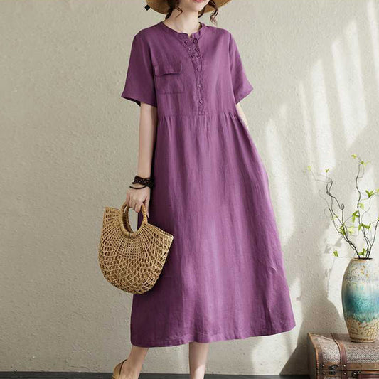 Buddha Stones Stand Collar Buttons Design Linen Short Sleeve Midi Dress With Pockets