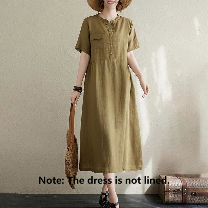 Buddha Stones Stand Collar Buttons Design Linen Short Sleeve Midi Dress With Pockets