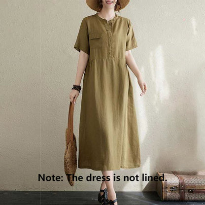 Buddha Stones Stand Collar Buttons Design Linen Short Sleeve Midi Dress With Pockets