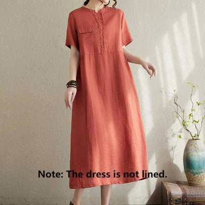 Buddha Stones Stand Collar Buttons Design Linen Short Sleeve Midi Dress With Pockets