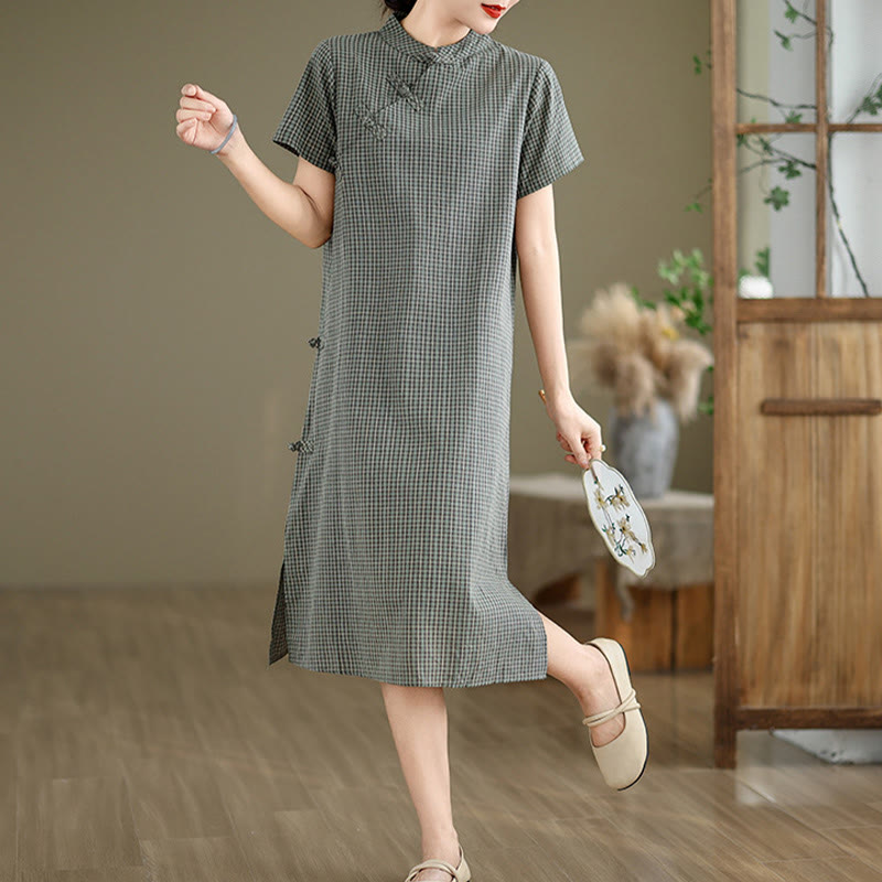 Buddha Stones Plaid Short Sleeve Frog-Button Design Cotton Linen Improved Cheongsam Midi Dress