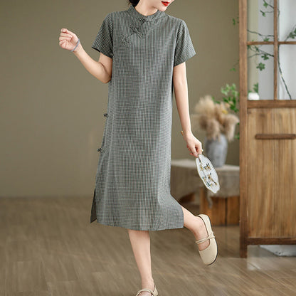 Buddha Stones Plaid Short Sleeve Frog-Button Design Cotton Linen Improved Cheongsam Midi Dress