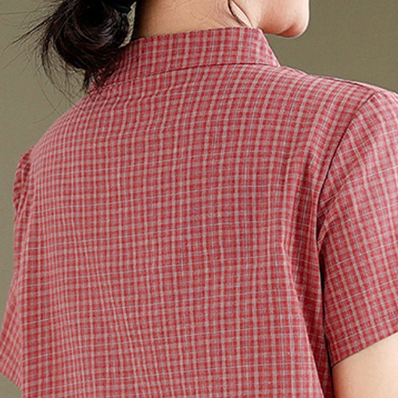 Buddha Stones Plaid Short Sleeve Frog-Button Design Cotton Linen Improved Cheongsam Midi Dress