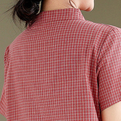 Buddha Stones Plaid Short Sleeve Frog-Button Design Cotton Linen Improved Cheongsam Midi Dress