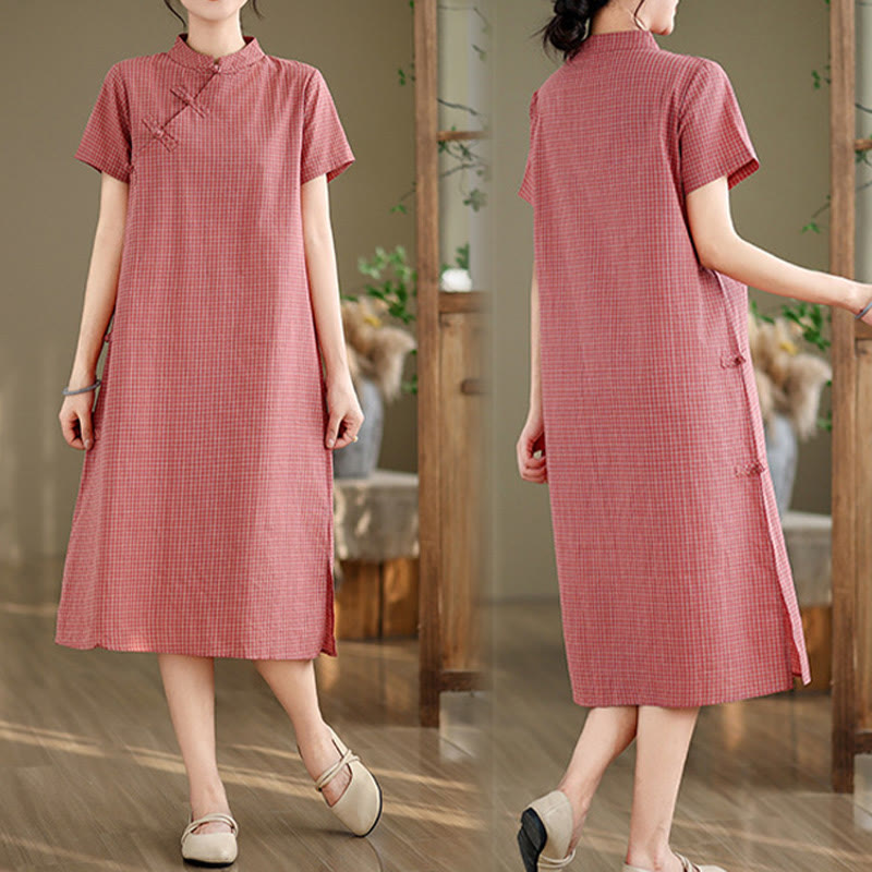 Buddha Stones Plaid Short Sleeve Frog-Button Design Cotton Linen Improved Cheongsam Midi Dress