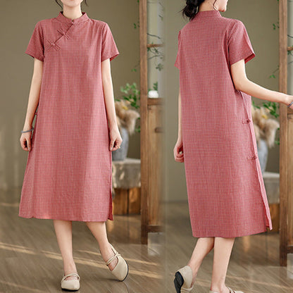 Buddha Stones Plaid Short Sleeve Frog-Button Design Cotton Linen Improved Cheongsam Midi Dress