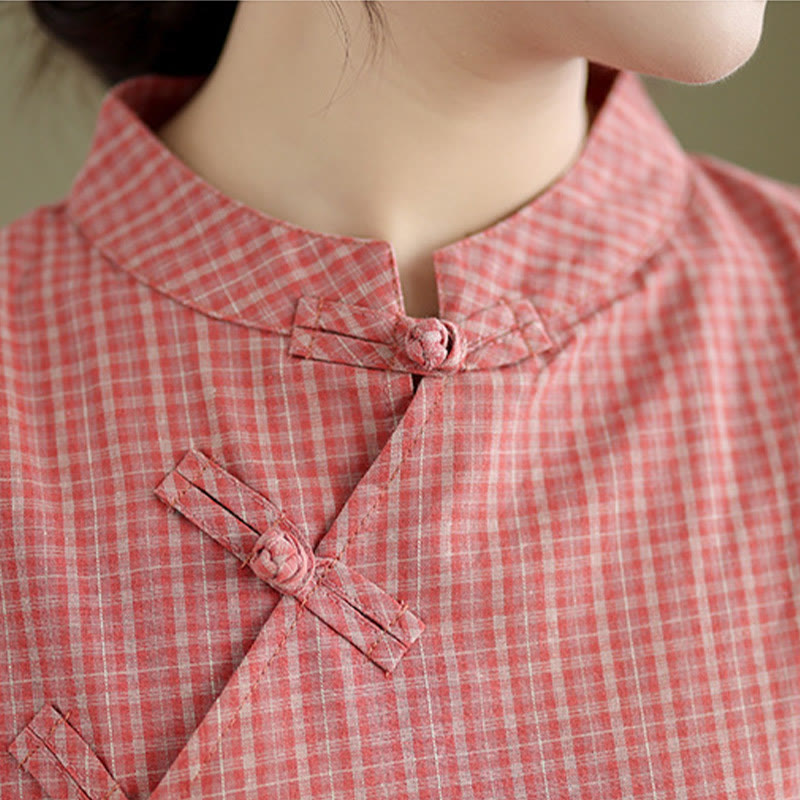 Buddha Stones Plaid Short Sleeve Frog-Button Design Cotton Linen Improved Cheongsam Midi Dress