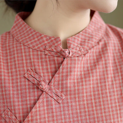 Buddha Stones Plaid Short Sleeve Frog-Button Design Cotton Linen Improved Cheongsam Midi Dress