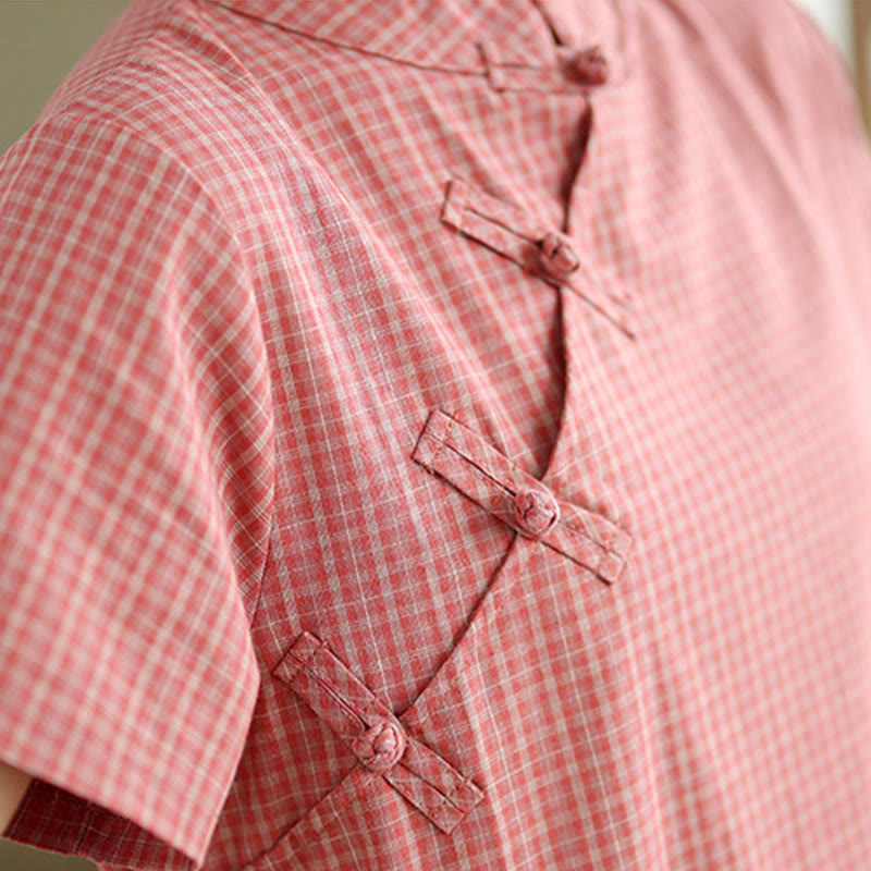 Buddha Stones Plaid Short Sleeve Frog-Button Design Cotton Linen Improved Cheongsam Midi Dress
