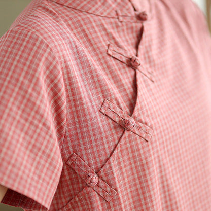 Buddha Stones Plaid Short Sleeve Frog-Button Design Cotton Linen Improved Cheongsam Midi Dress