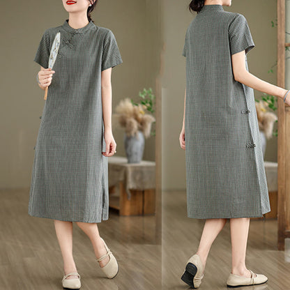 Buddha Stones Plaid Short Sleeve Frog-Button Design Cotton Linen Improved Cheongsam Midi Dress