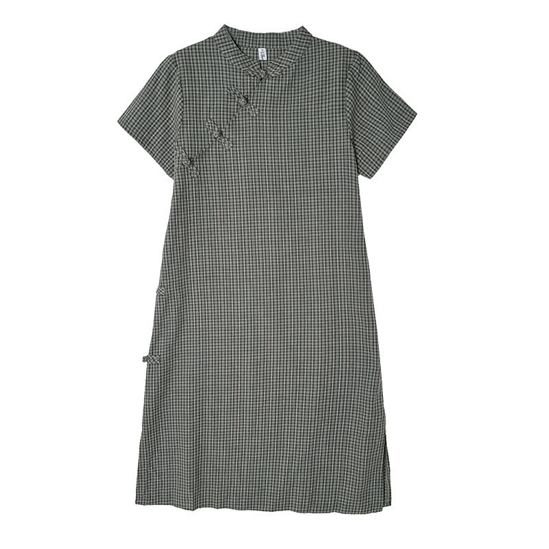 Buddha Stones Plaid Short Sleeve Frog-Button Design Cotton Linen Improved Cheongsam Midi Dress