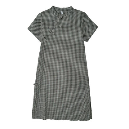 Buddha Stones Plaid Short Sleeve Frog-Button Design Cotton Linen Improved Cheongsam Midi Dress