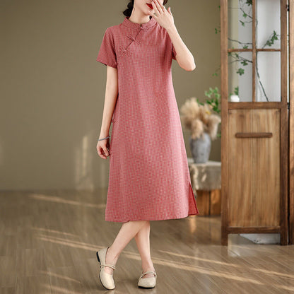 Buddha Stones Plaid Short Sleeve Frog-Button Design Cotton Linen Improved Cheongsam Midi Dress