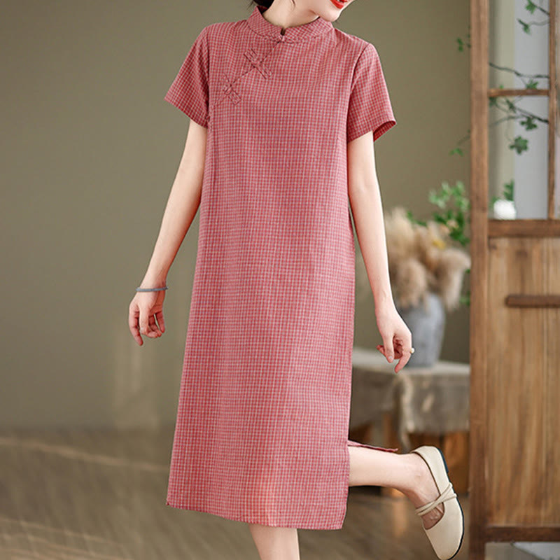 Buddha Stones Plaid Short Sleeve Frog-Button Design Cotton Linen Improved Cheongsam Midi Dress