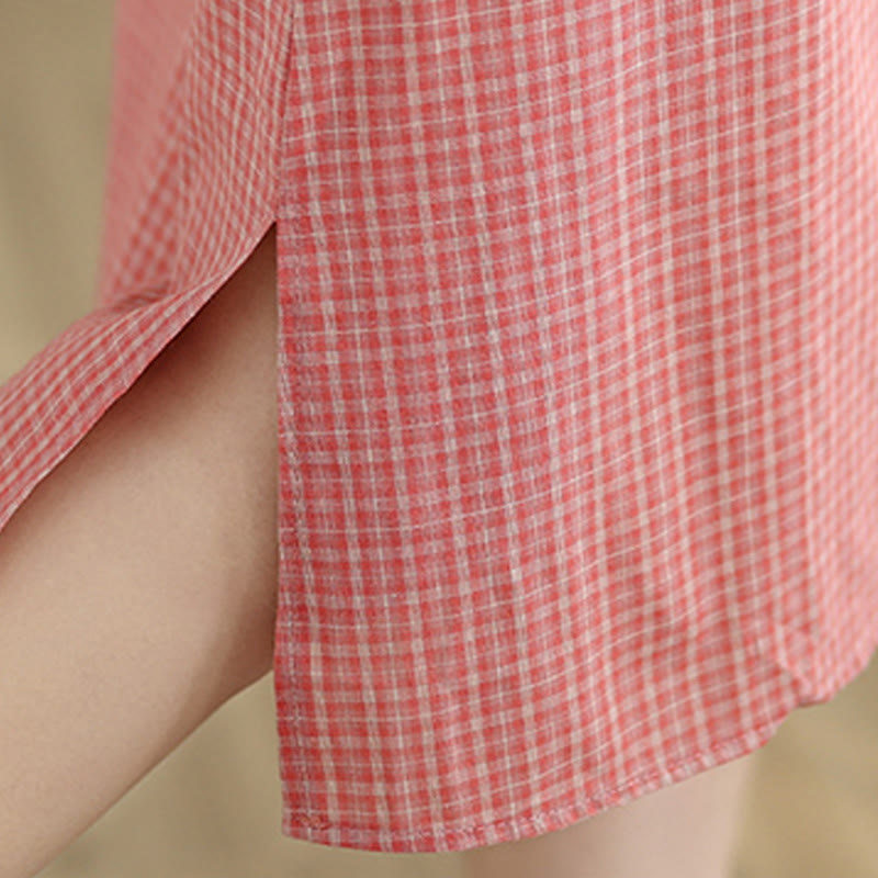 Buddha Stones Plaid Short Sleeve Frog-Button Design Cotton Linen Improved Cheongsam Midi Dress