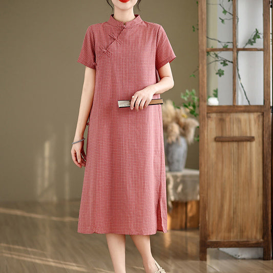 Buddha Stones Plaid Short Sleeve Frog-Button Design Cotton Linen Improved Cheongsam Midi Dress