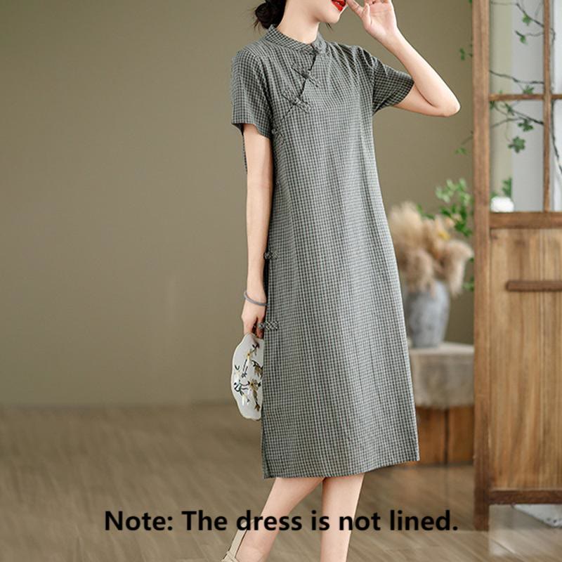 Buddha Stones Plaid Short Sleeve Frog-Button Design Cotton Linen Improved Cheongsam Midi Dress