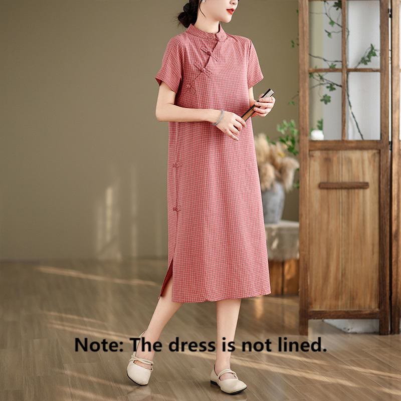 Buddha Stones Plaid Short Sleeve Frog-Button Design Cotton Linen Improved Cheongsam Midi Dress