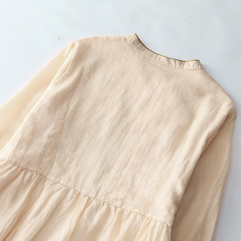 Buddha Stones Embroidery Buttons Design Long Sleeve Cotton Linen Midi Dress With Pockets