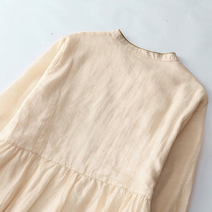 Buddha Stones Embroidery Buttons Design Long Sleeve Cotton Linen Midi Dress With Pockets