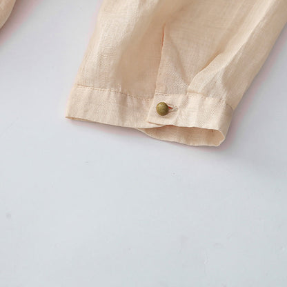 Buddha Stones Embroidery Buttons Design Long Sleeve Cotton Linen Midi Dress With Pockets