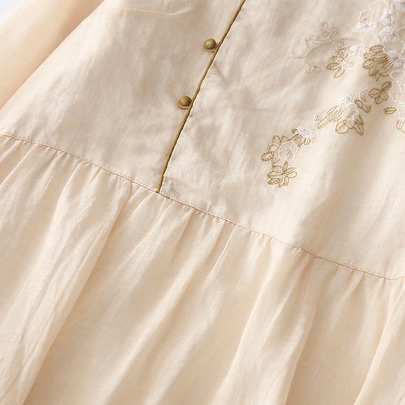 Buddha Stones Embroidery Buttons Design Long Sleeve Cotton Linen Midi Dress With Pockets