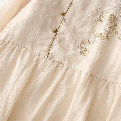 Buddha Stones Embroidery Buttons Design Long Sleeve Cotton Linen Midi Dress With Pockets