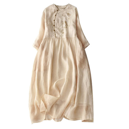 Buddha Stones Embroidery Buttons Design Long Sleeve Cotton Linen Midi Dress With Pockets