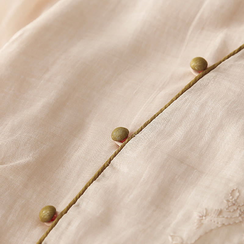 Buddha Stones Embroidery Buttons Design Long Sleeve Cotton Linen Midi Dress With Pockets